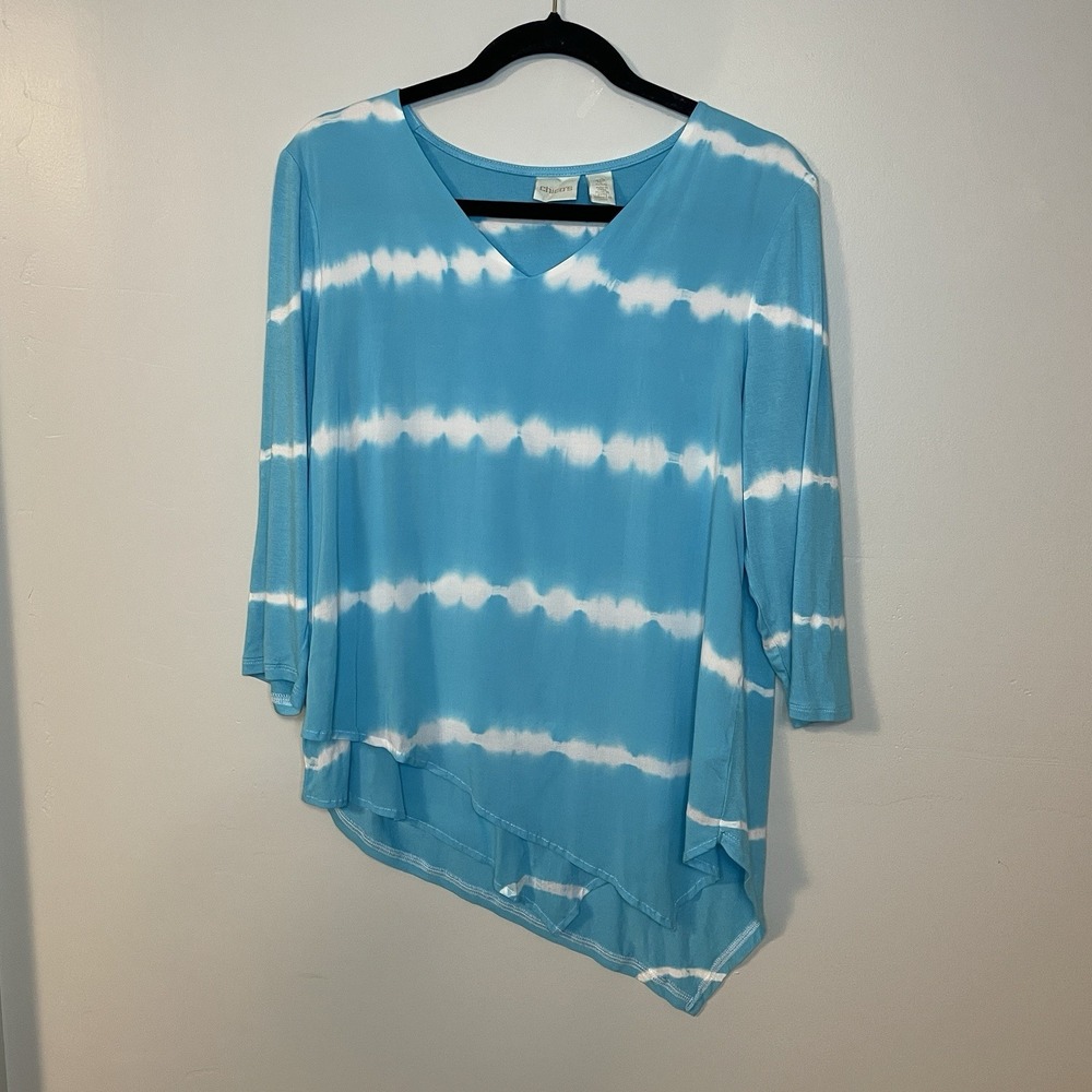 Chicos Top Womens 1P Petite Blue White Tie Dye Asymmetrical Hem Beachy Boho